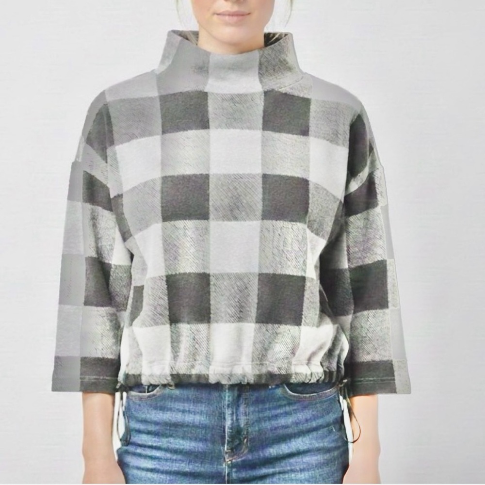 BB Dakota Buffalo Plaid Sweatshirt Mock Neck Grey & White S